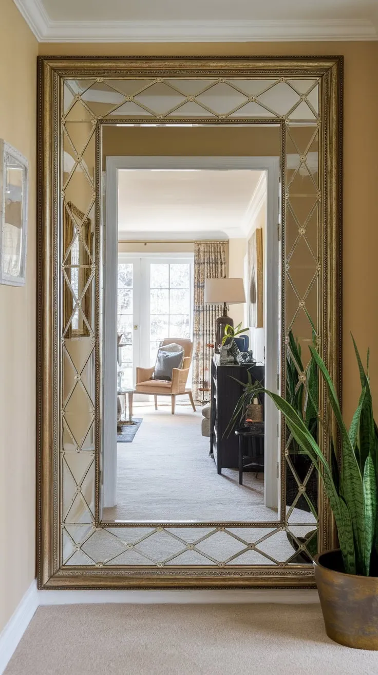 A stylish gold-framed mirror adds a touch of glamour to a home's entryway, complementing the living room's calm ambiance.