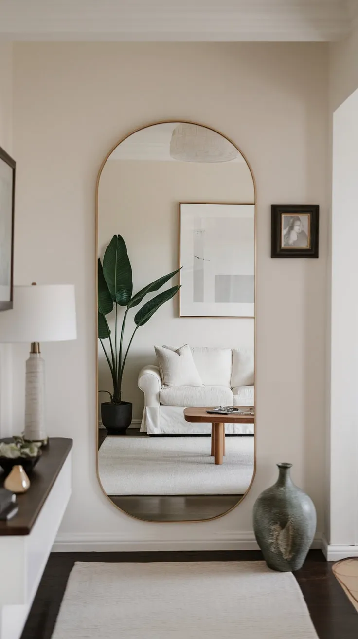 A minimalist hallway mirror reflects an elegant living room scene of white sofa, green plant, and wooden coffee table