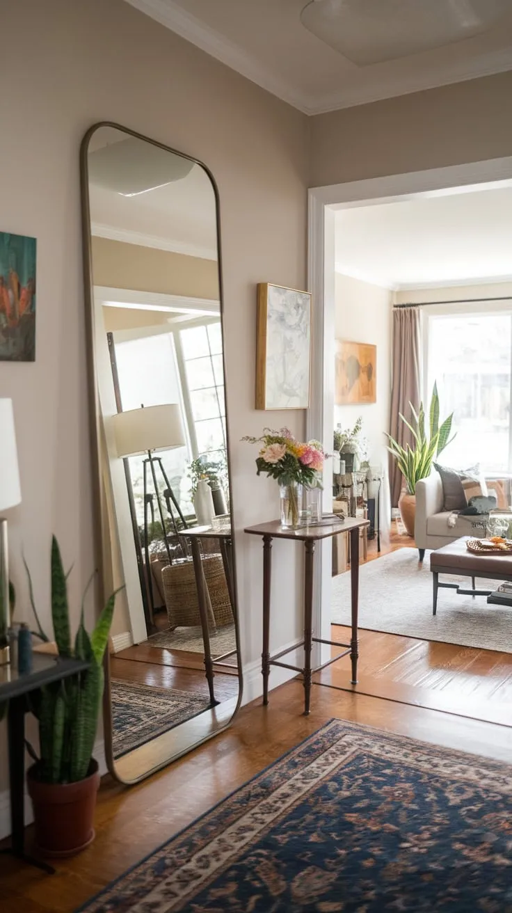 A large hallway mirror enhances the elegant entryway, its reflection expanding the space and highlighting the home's charming interior.