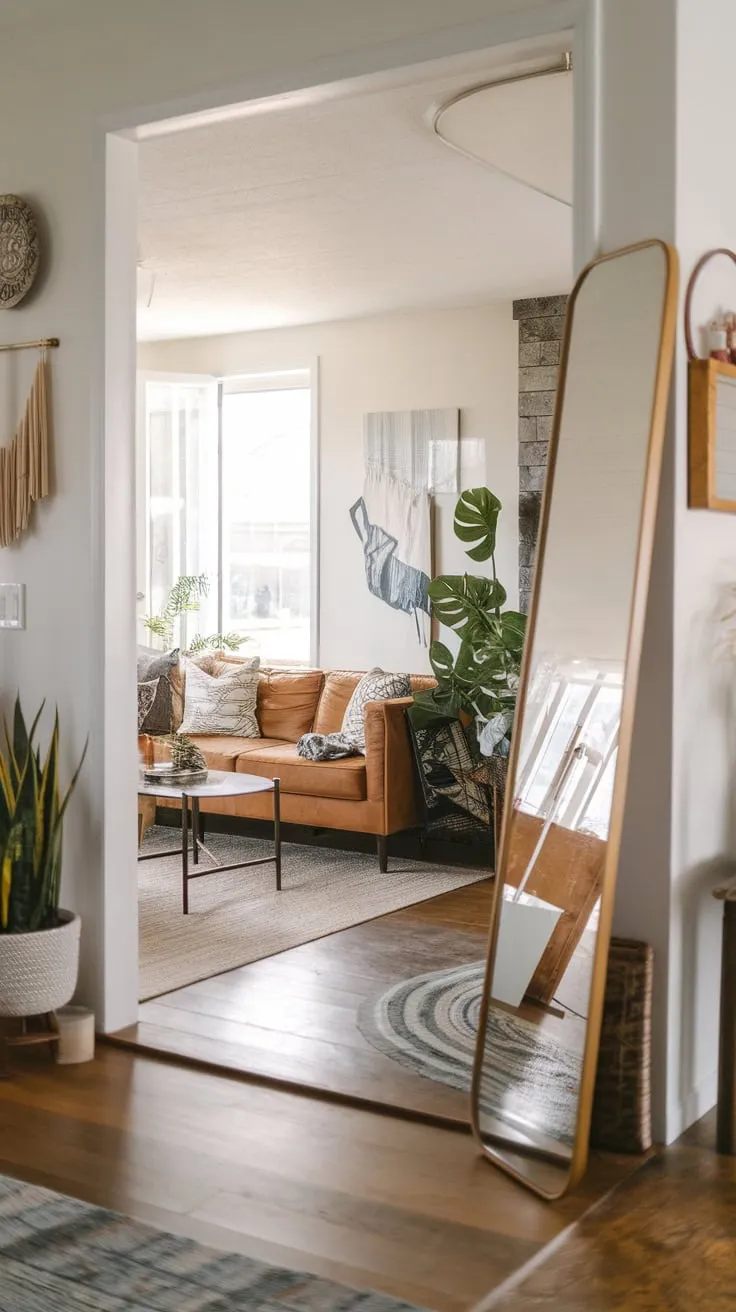 A hallway mirror strategically placed near the entrance of a warmly decorated living room with wooden floors expands the space and reflects the inviting sofa, coffee table, and plant.