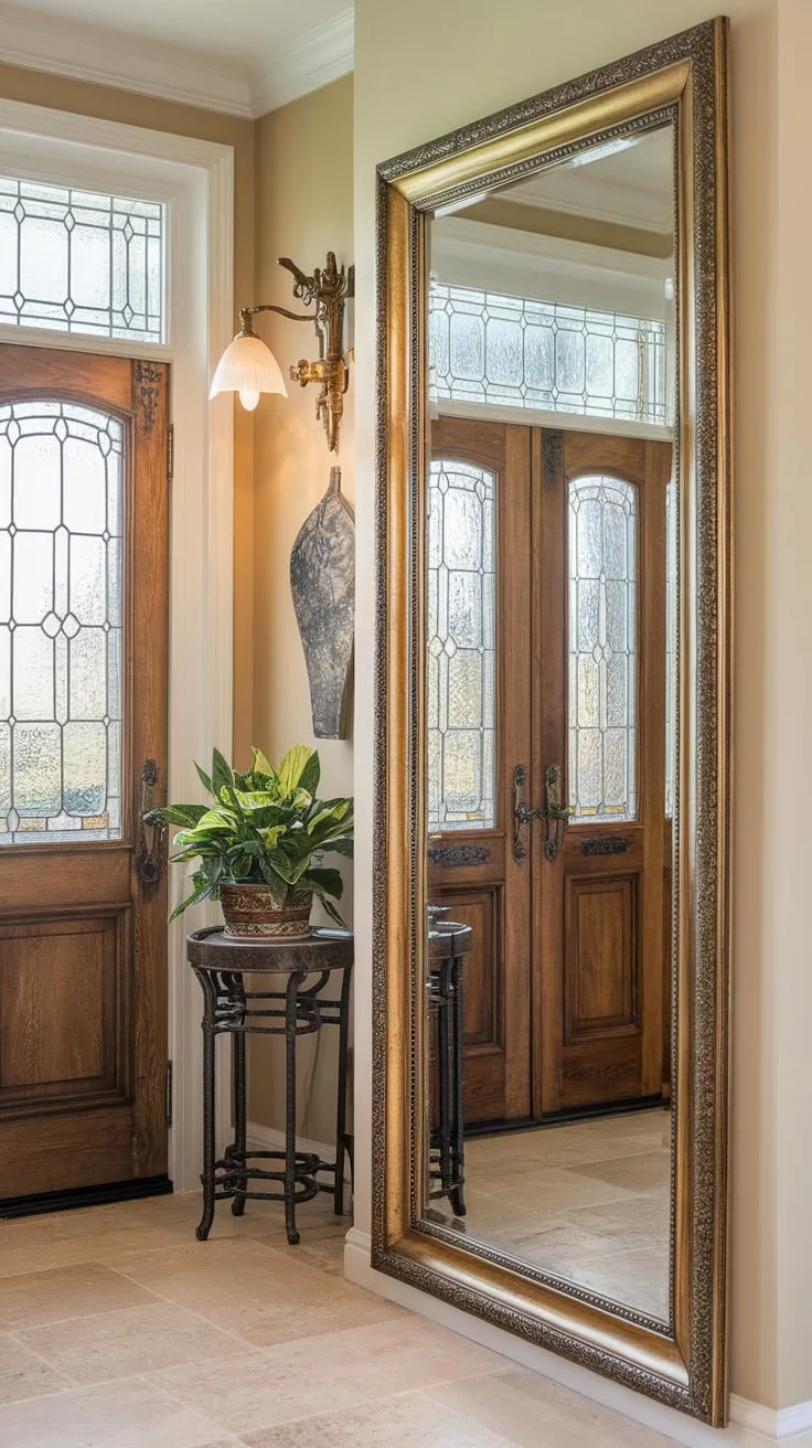 A grand gold-framed mirror reflects light and style in a home entrance, complementing stained glass, potted plants, and beige tile flooring
