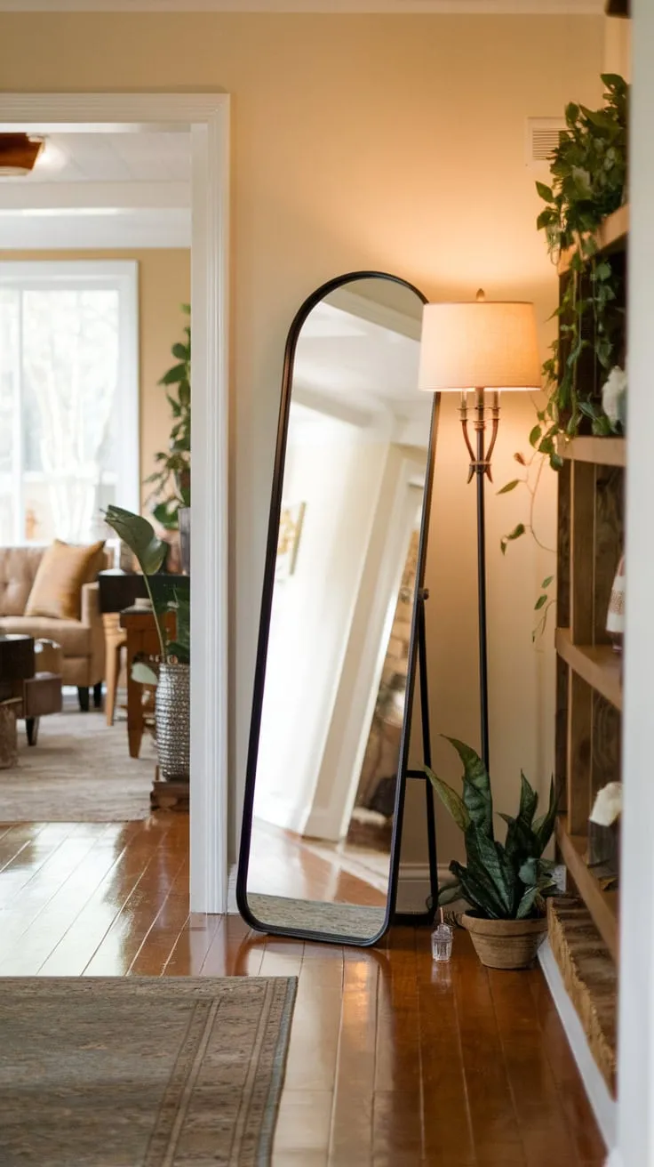 The warm glow of a hallway lamp reflects in a strategically placed mirror, enhancing the inviting ambiance of a home's entrance.