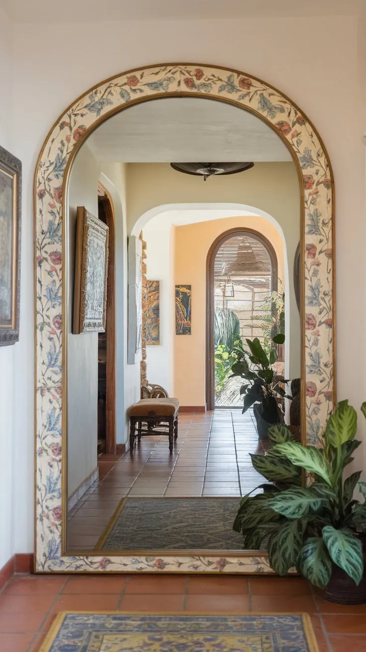 A gold-framed floral mirror welcomes guests into a warm, tiled hallway adorned with art and comfortable seating
