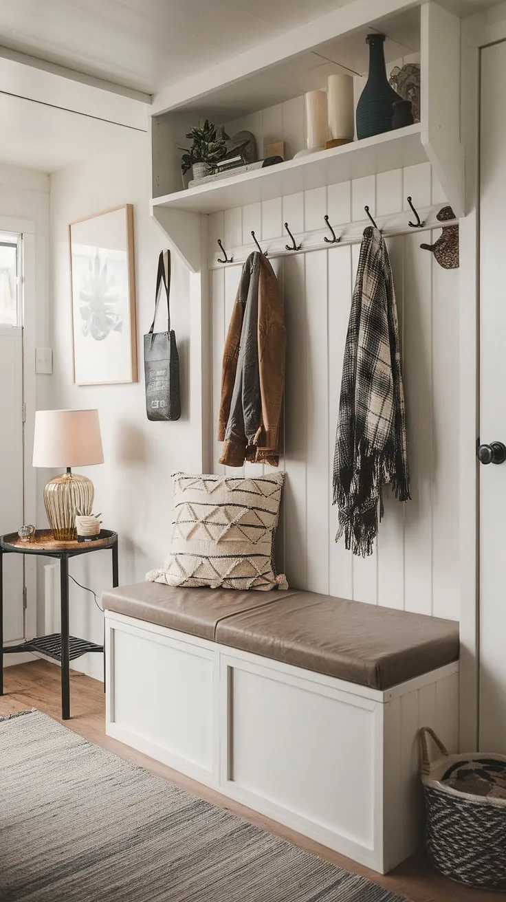 This charming tiny home entryway proves that small spaces can be big on style and functionality.  The hallway nook features a practical foyer storage bench perfect for entrance shoe storage and coat and shoe storage.  Clever entryway decor storage solutions above and beside the bench complete this efficient and inviting split entry shoe storage setup.