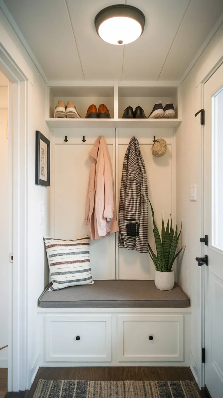 Clever design transforms this tiny home entryway into a functional and stylish hallway nook.  The entrance shoe storage solution, featuring a coat and shoe storage system above a cushioned bench, offers ample entryway decor storage without compromising space.  A perfect example of maximizing a split entry shoe storage system in a small footprint.