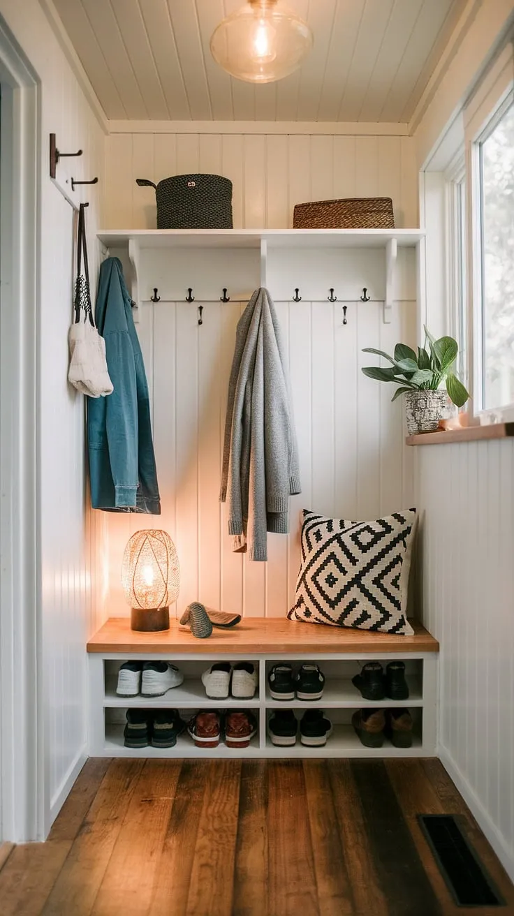 This tiny home entryway proves that big style comes in small packages.  The hallway nook features a practical foyer storage bench, providing ample entrance shoe storage and coat and shoe storage.  With thoughtful entryway decor storage and a warm glow, this split entry shoe storage solution creates a welcoming and organized foyer entryway.