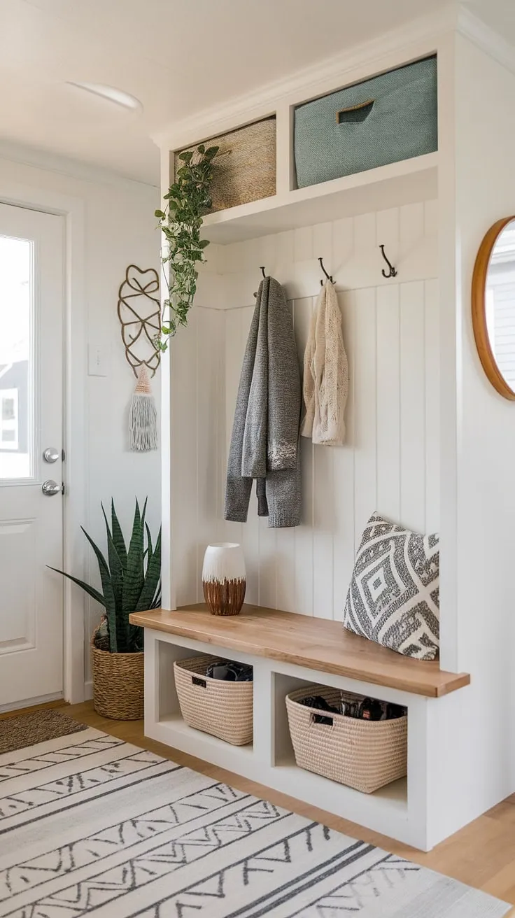 Maximize space and style in this tiny home entryway.  The open concept front entry flows seamlessly into a hallway nook featuring a foyer storage bench with coat and shoe storage baskets, plus clever split entry shoe storage near the door.  Entryway decor storage solutions keep this space both functional and charming.