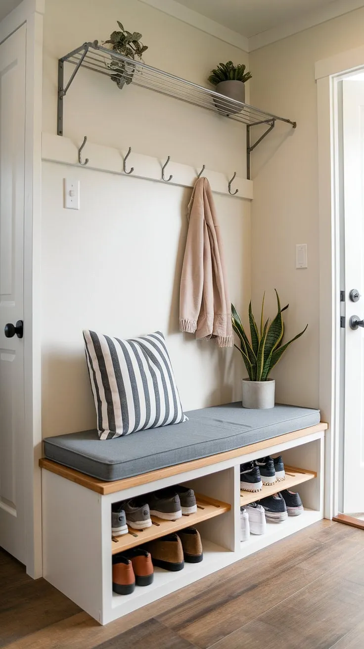 This foyer entryway storage solution transforms a small hallway nook into a functional and charming space. The foyer storage bench with its built-in shelves provides ample entrance shoe storage and coat and shoe storage, making this tiny home entryway surprisingly spacious and stylish.