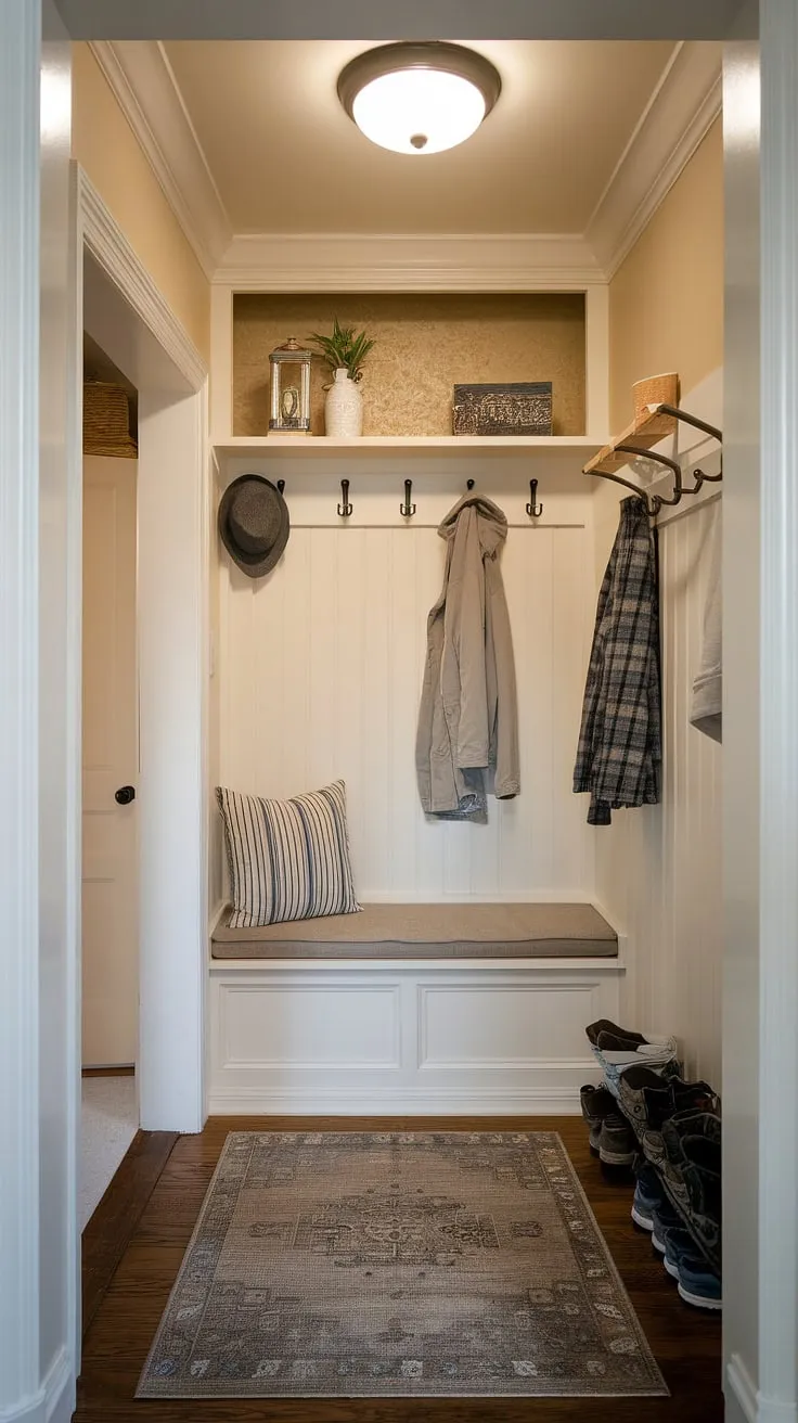 Clever split entry shoe storage solutions don't have to be bulky! This hallway nook showcases how a foyer storage bench and thoughtful coat and shoe storage can create an efficient and stylish entrance shoe storage area, even in a tiny home entryway.  The entryway decor storage adds a personal touch to this open concept front entry.