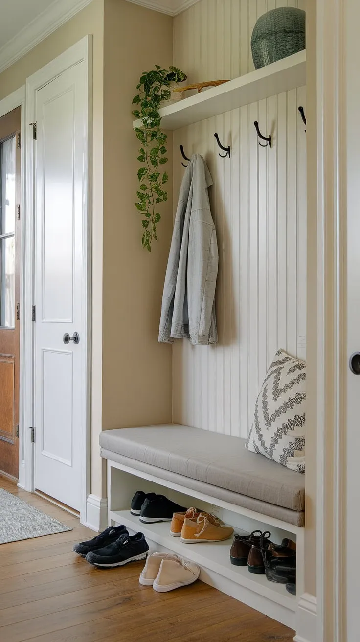 Maximize your tiny home entryway with this clever hallway nook.  The foyer entryway storage, including coat and shoe storage and a comfy foyer storage bench, keeps everything organized while maintaining an open concept front entry feel.  This split entry shoe storage solution is perfect for even the smallest spaces.