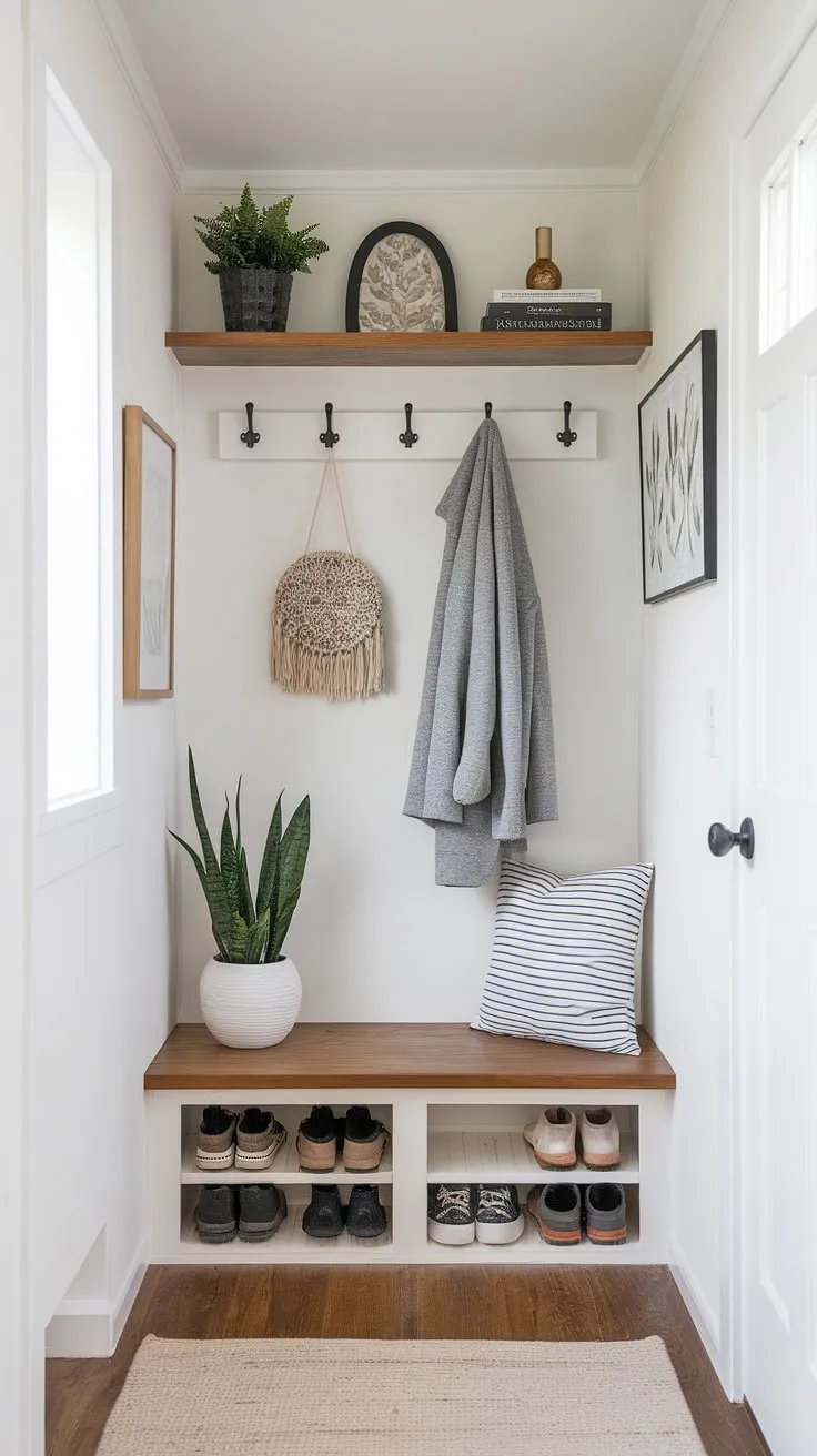 Step into this charming tiny home entryway, where a cleverly designed hallway nook maximizes space.  The foyer entryway storage solution, featuring a foyer storage bench with split entry shoe storage and coat and shoe storage compartments, keeps everything organized.  Entryway decor storage on the shelf above adds a touch of personality to this efficient entrance shoe storage setup.  The open concept front entry feels bright and welcoming.