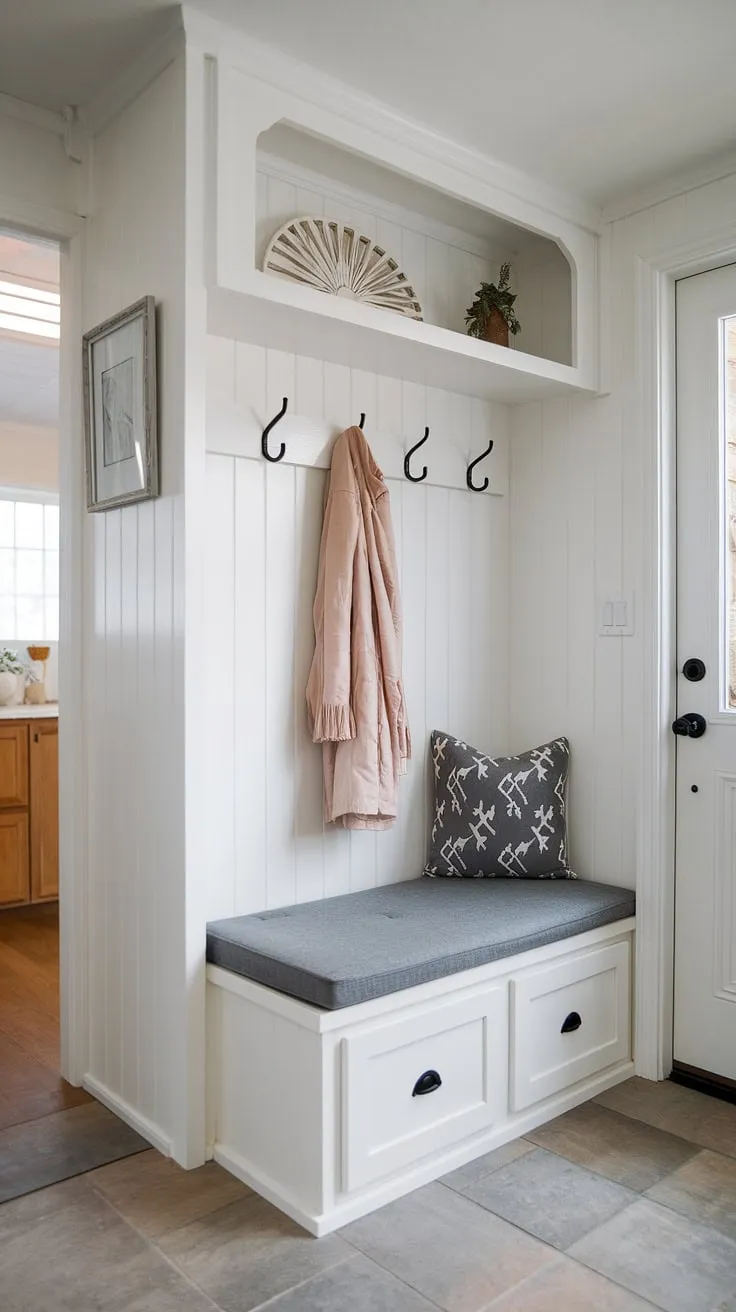 Clever design transforms this tiny home entryway into a functional and stylish space.  The hallway nook features a built-in foyer storage bench, offering ample coat and shoe storage, while the decorative shelf adds a touch of personality.  This entrance shoe storage solution is ideal for maximizing space in an open concept front entry.