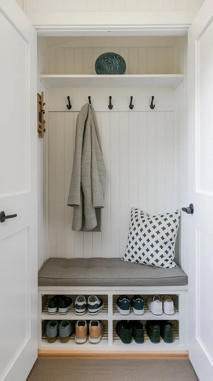 Step into efficient style with this tiny home entryway.  The open concept front entry flows seamlessly into a hallway nook featuring a foyer storage bench, perfect for coat and shoe storage.  Clever split entry shoe storage and entryway decor storage maximize space in this minimalist design.