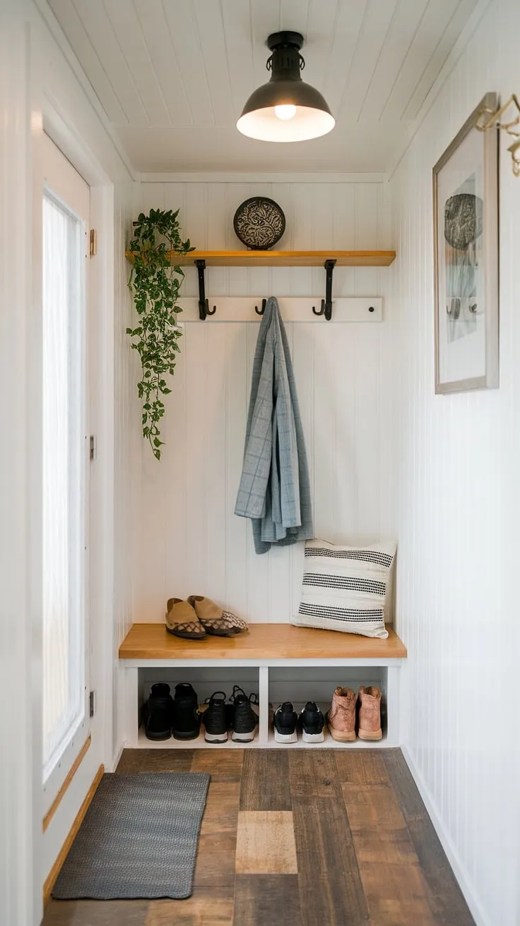 Step into this bright and airy tiny home entryway, where clever design maximizes space.  The hallway nook features a foyer storage bench providing ample coat and shoe storage, while a shelf above adds a touch of entryway decor storage.  This split entry shoe storage solution keeps the open concept front entry feeling uncluttered and welcoming.