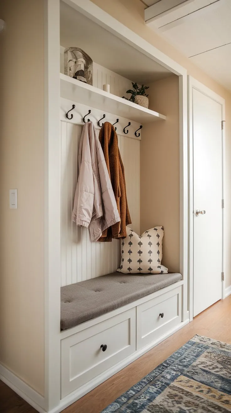 Step into effortless organization with this cleverly designed foyer entryway storage.  A hallway nook becomes a haven of practicality in this tiny home entryway, thanks to a built-in foyer storage bench providing ample coat and shoe storage.  The split entry shoe storage solution seamlessly blends form and function, creating an inviting and efficient open concept front entry.