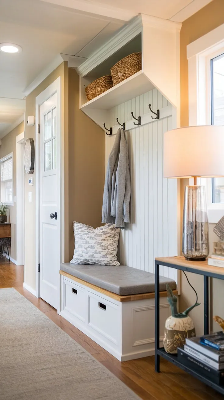 Maximize space and style in this tiny home entryway.  This hallway nook, complete with a foyer storage bench, provides ample coat and shoe storage, transforming a small foyer entryway into a functional and inviting open concept front entry.  The split entry shoe storage solution keeps things organized, while the entryway decor adds a touch of personality.
