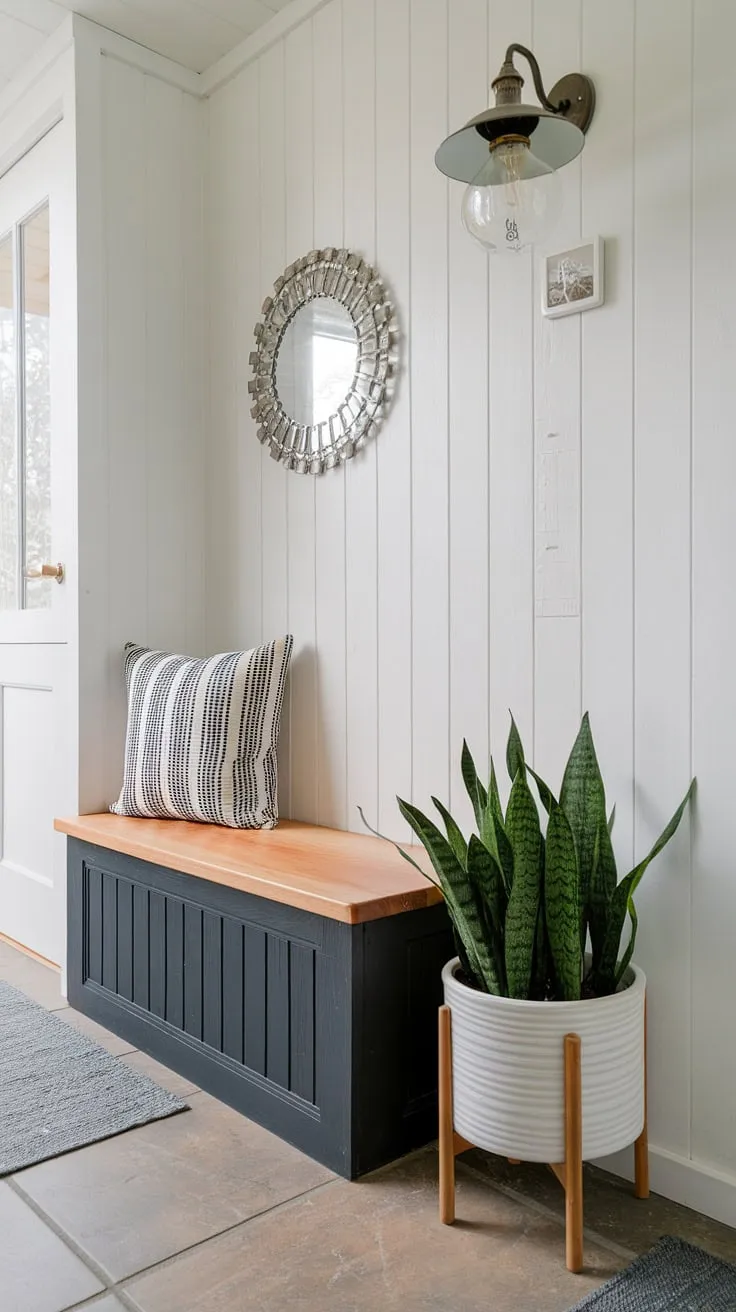 Maximize your tiny home's entrance shoe storage with this clever foyer entryway storage solution.  A hallway nook is transformed into a functional and aesthetically pleasing space with a foyer storage bench offering coat and shoe storage.  The open concept front entry feels welcoming and uncluttered, thanks to this thoughtful design.