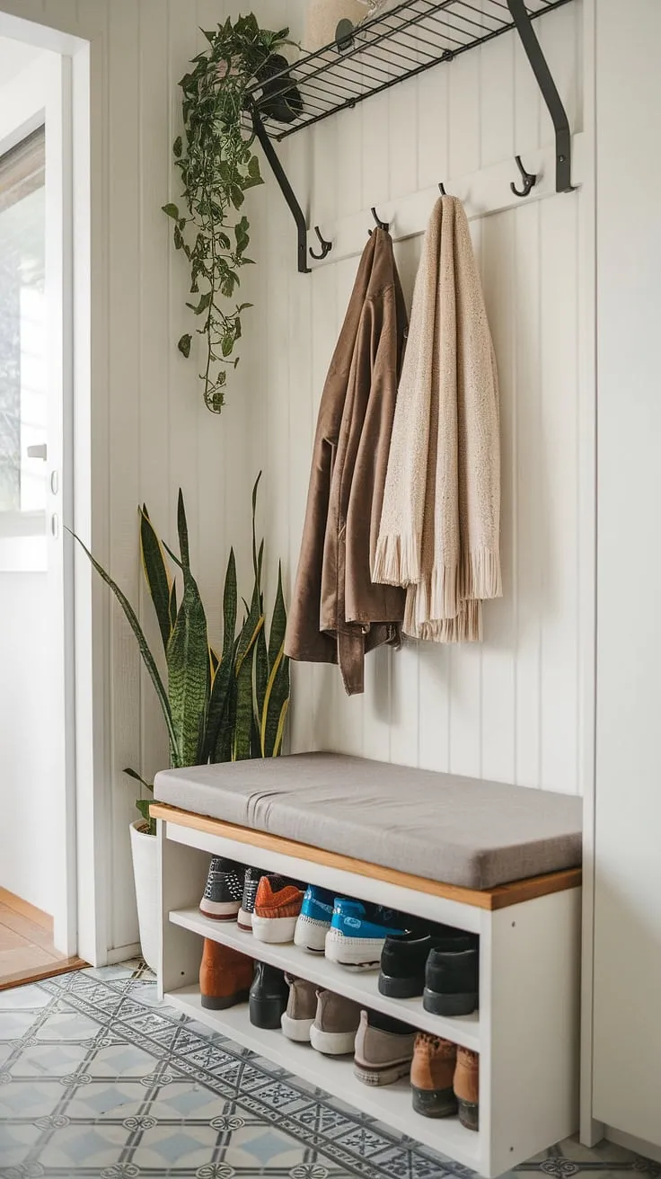 Clever design in a tiny home! This hallway nook boasts efficient foyer storage, seamlessly integrating coat and shoe storage into a stylish foyer storage bench.  The entrance shoe storage solution is both practical and aesthetically pleasing, making the most of this split entry shoe storage area in the open concept front entry.