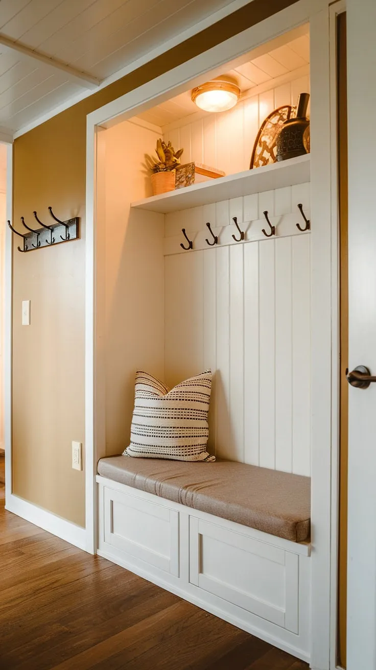 Step into cozy efficiency with this tiny home entryway.  The hallway nook, complete with a foyer storage bench and floating shelf, maximizes space for coat and shoe storage, offering clever entryway decor storage solutions in this open concept front entry.  Split entry shoe storage is seamlessly integrated, making this small space feel surprisingly spacious.