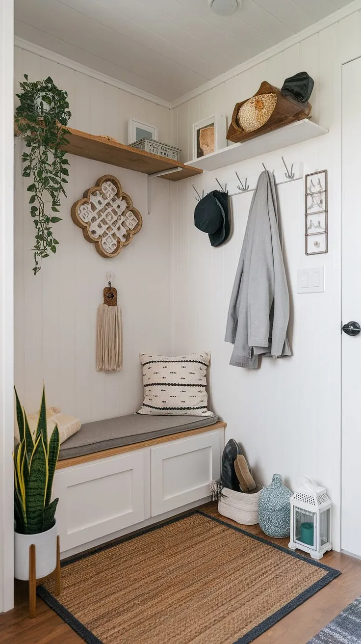 Clever design in a compact space! This split entry shoe storage solution in a tiny home entryway utilizes every inch.  The hallway nook boasts a foyer storage bench, providing ample coat and shoe storage, while decorative elements elevate this functional foyer entryway storage into a welcoming entryway decor storage masterpiece.