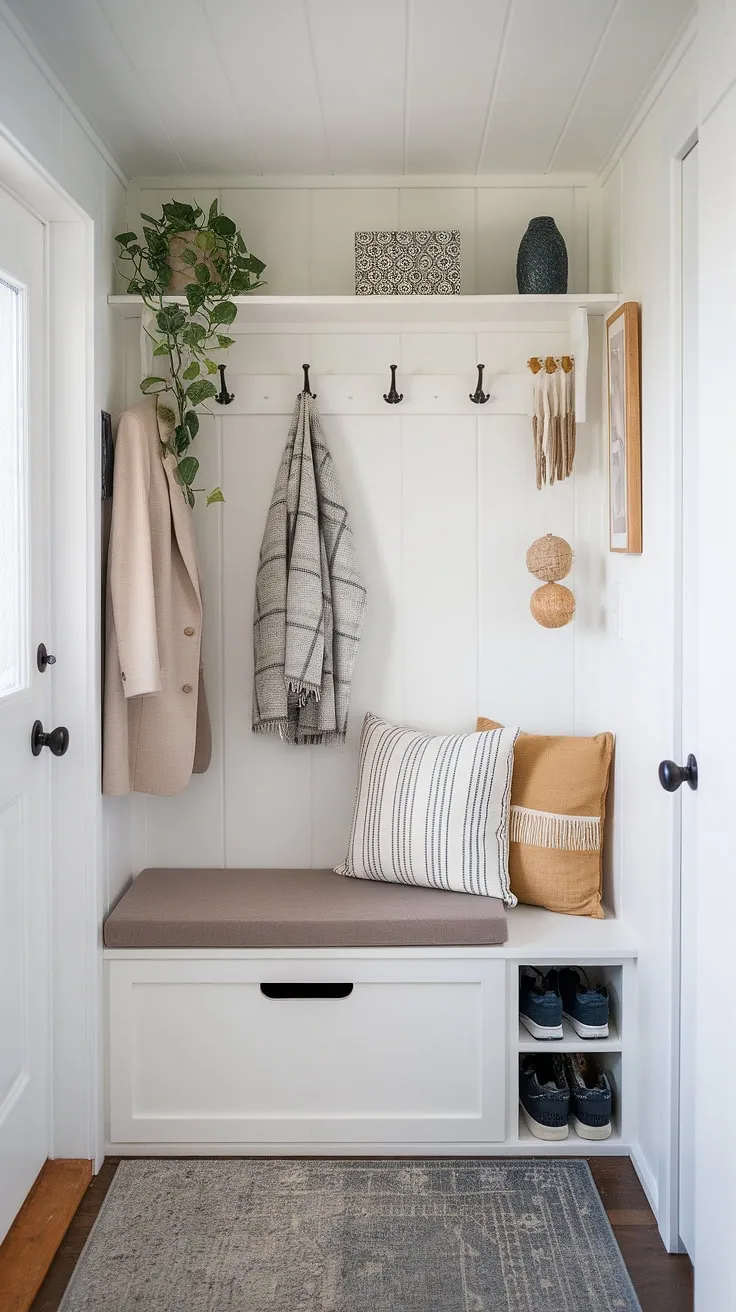 Step inside this bright and airy tiny home entryway, where clever design maximizes every inch.  A hallway nook houses a practical foyer storage bench, seamlessly integrating coat and shoe storage.  This split entry shoe storage solution, combined with thoughtful entryway decor storage, creates a functional and stylish entrance shoe storage system in this open concept front entry.