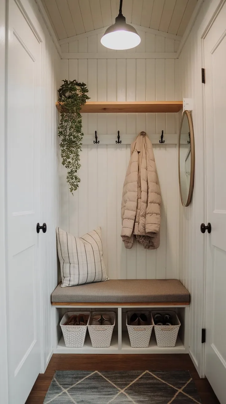 Clever storage solutions transform this tiny home's hallway nook into a functional and stylish foyer.  The entrance shoe storage, coat and shoe storage options, and thoughtfully designed foyer storage bench make the most of every inch. This split entry shoe storage system, combined with the open concept front entry, proves that even the smallest spaces can be beautifully organized.