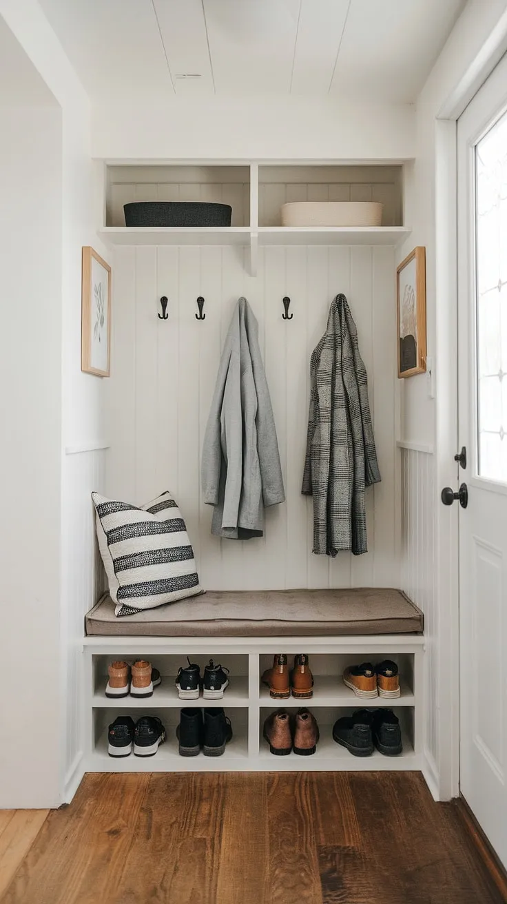 Step into effortless organization with this tiny home entryway.  The hallway nook cleverly incorporates foyer entryway storage, featuring a foyer storage bench for coat and shoe storage, maximizing space in this open concept front entry.  Clever split entry shoe storage keeps things tidy.