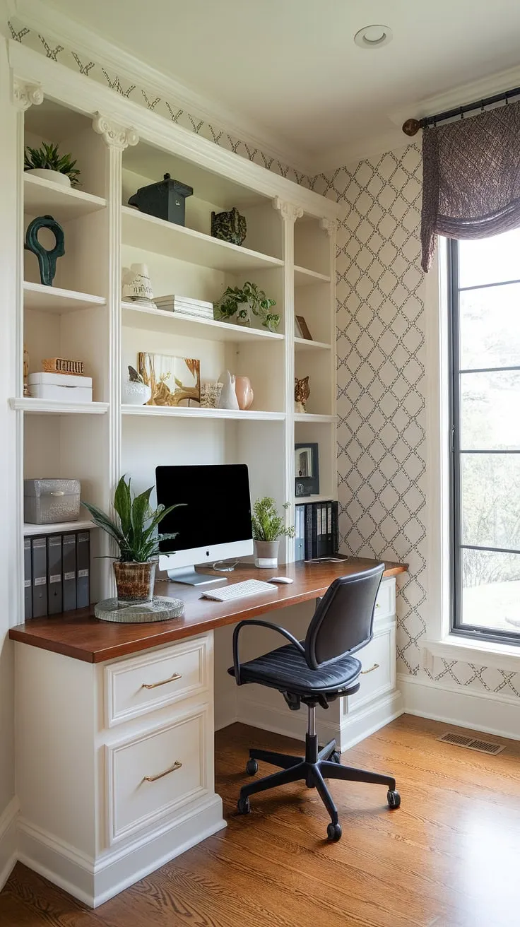 Transforming a narrow hallway into a functional and stylish small home office? This built-in desk solution is the answer!  The home office design cleverly utilizes every inch, offering ample storage and a comfortable workspace.  Ideal for a shared office space or an office and living room combo, this small office ideas showcase proves that even limited square footage can accommodate a productive and inspiring office layout.