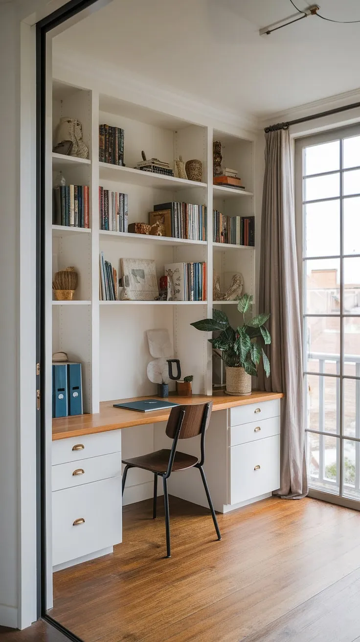 This small home office, tucked away yet brimming with charm, boasts a built-in desk that's the heart of its efficient office layout.  The shared office space feels surprisingly spacious thanks to smart design choices, making it a perfect example of small office ideas for an office and living room combo.  A peek through the doorway hints at the rest of this inviting home.
