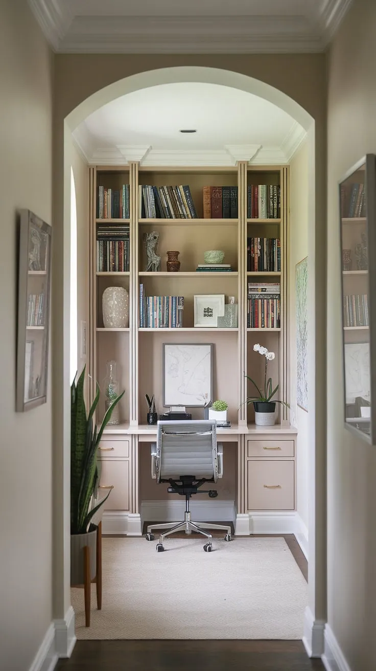 Transforming a hallway into a functional and stylish small home office. This home office design, featuring a built-in desk, maximizes space and blends seamlessly with the home's aesthetic.  Clever office layout ideas for a shared office space or even an office and living room combo.