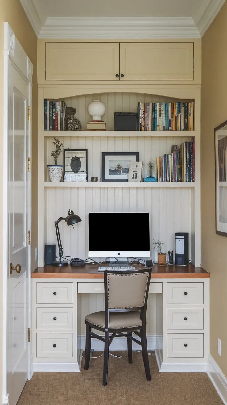 Maximize space and style with this hallway office featuring a clever built-in desk.  This small home office design proves that even a shared office space or office and living room combo can be both functional and aesthetically pleasing.  Plenty of small office ideas are incorporated into this efficient office layout.