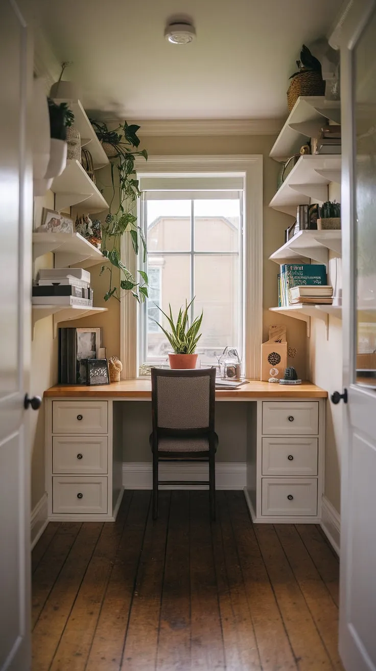 This small home office, tucked away like a secret hallway office, maximizes space with a clever built-in desk and integrated shelving.  The thoughtful office layout and natural light create a cozy ambiance perfect for focused work, even in a shared office space or office and living room combo.  Plenty of small office ideas packed into this inspiring home office design.