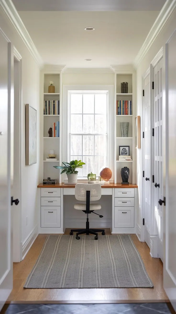 Maximize your space with this clever hallway office design.  The built-in desk makes the most of a small footprint, creating a functional and stylish small home office, perfect for those needing a dedicated workspace even in a shared office space or office and living room combo.  This home office design proves that even a small office ideas can be both productive and aesthetically pleasing.