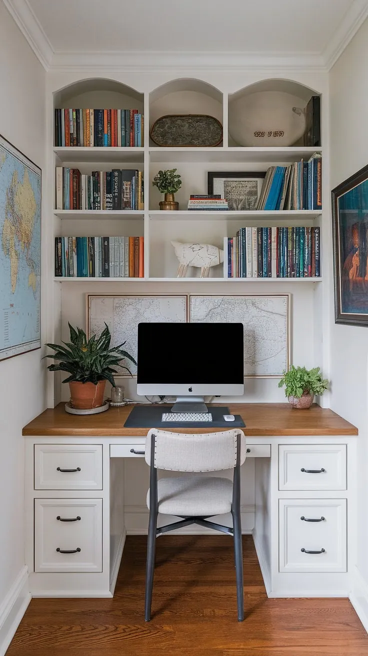 This home office craft room combo is my happy place!  The white desk keeps things bright, while the craft room closet and dedicated sewing machine area maximize my craft space.  This craft room design was a labor of love, a true dream craft room born from the One Room Challenge, challenge week inspiration.  The cozy ambiance makes it the perfect place to create.