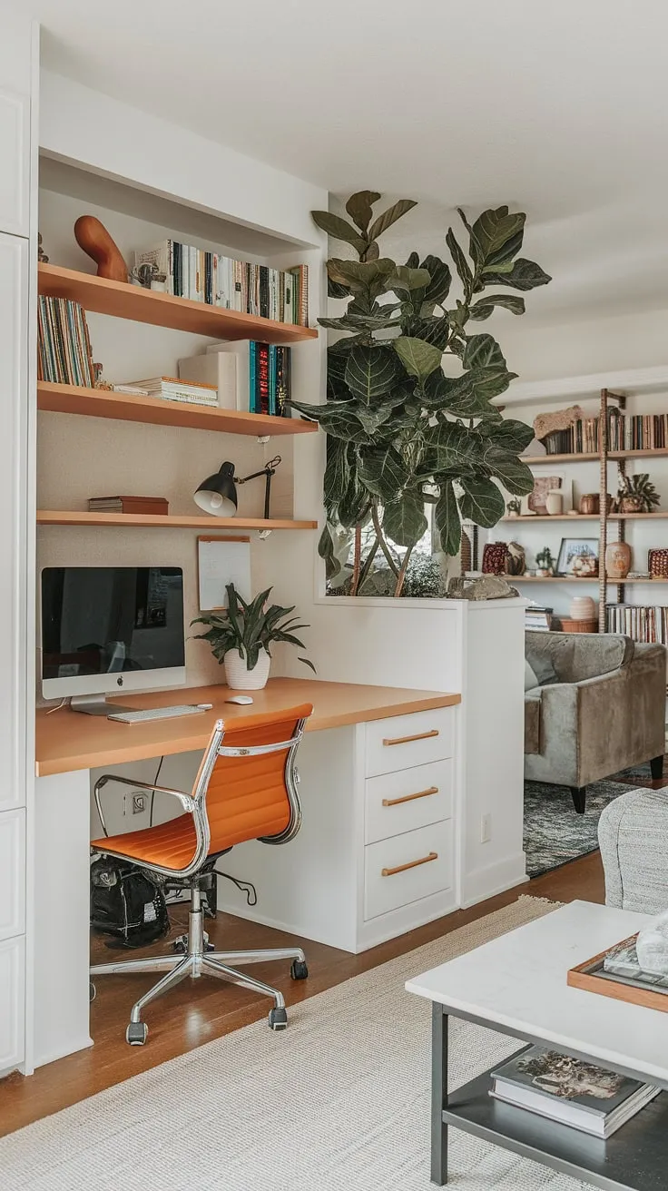 This hallway office seamlessly blends work and relaxation.  The small home office, featuring a built-in desk and clever storage solutions, is a masterclass in small office ideas and home office design.  A large plant cleverly divides the space from the cozy living room, creating a perfect office and living room combo within a shared office space.  The thoughtful office layout maximizes functionality without sacrificing style.
