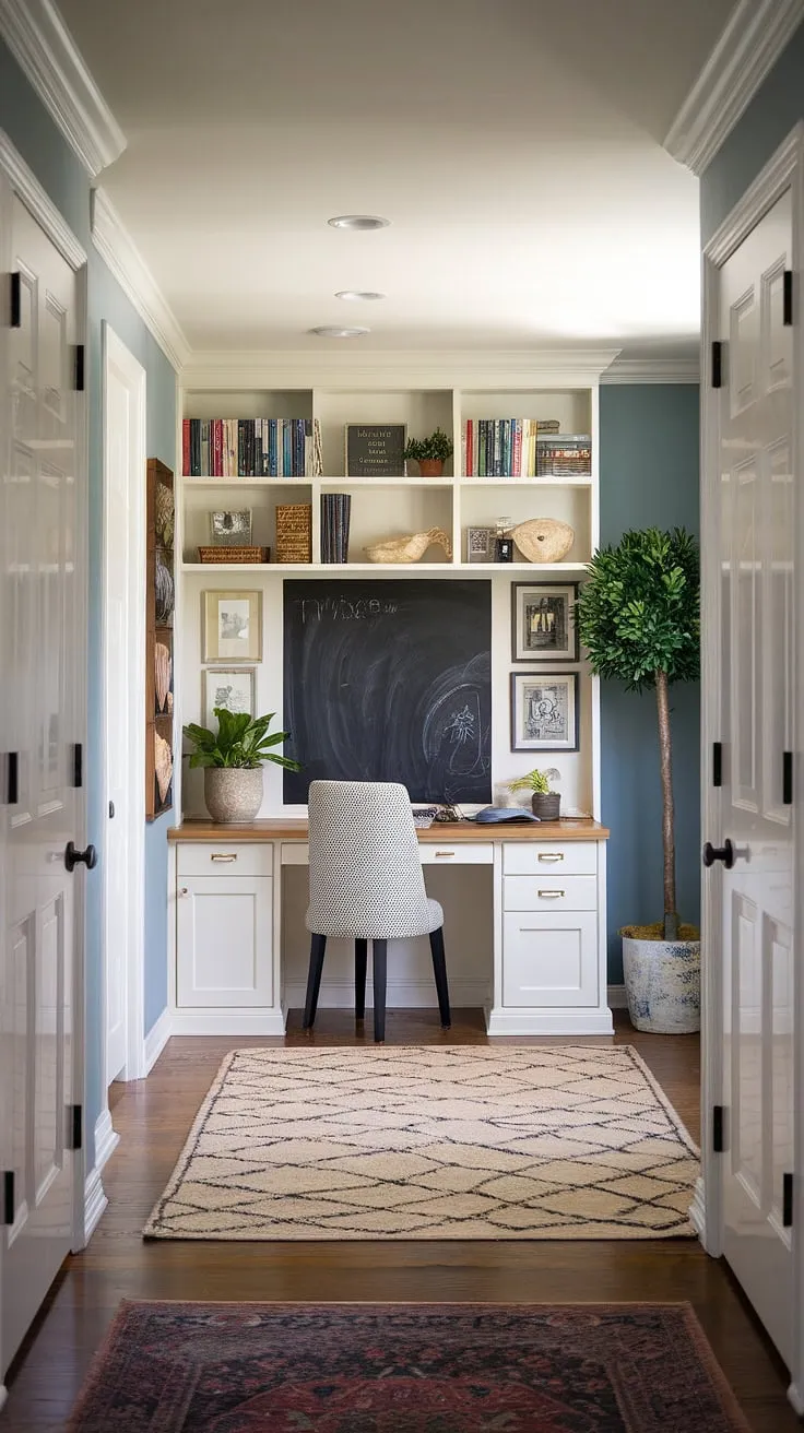 Transforming a forgotten hallway into a productive and stylish small home office. This home office design, featuring a built-in desk, maximizes space and creates a cozy workspace.  Clever office layout ideas make this shared office space feel surprisingly spacious, blurring the lines between office and living room combo.