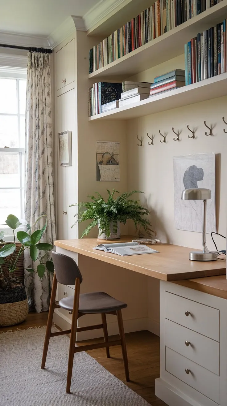 This small home office, cleverly tucked away, maximizes space with a built-in desk and thoughtful office layout.  Perfect for those seeking small office ideas or an office and living room combo, this design proves that even a hallway office can be both functional and stylish.