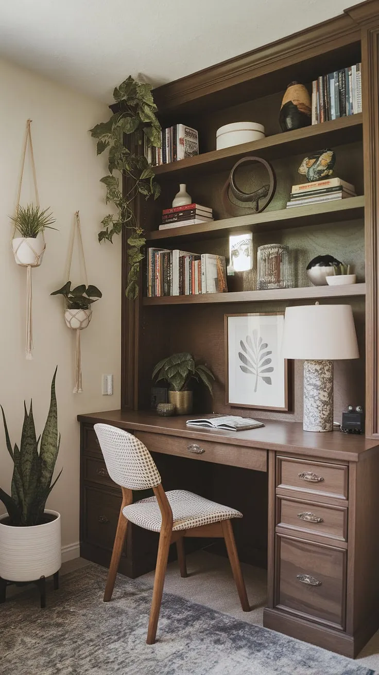 This small home office, tucked away in a hallway, maximizes space with a clever built-in desk design.  The thoughtful office layout, incorporating a bookshelf and hanging plants, creates a calming and productive atmosphere. Perfect for small office ideas or even a shared office space, this home office design seamlessly blends work and living.