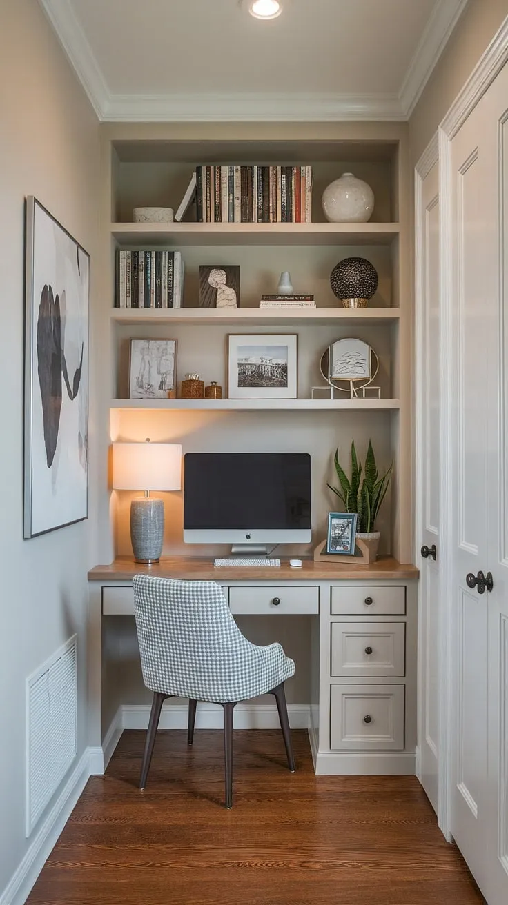 This hallway office proves that even the smallest spaces can be maximized with smart home office design.  The built-in desk is a game-changer, creating a dedicated workspace without sacrificing precious square footage.  Perfect for those seeking small office ideas or an office and living room combo, this office layout is both efficient and aesthetically pleasing.