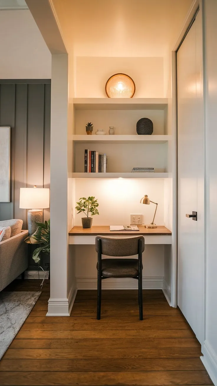 Maximize space and style with this small home office design.  The built-in desk in this shared office space, tucked away in a hallway, offers a surprisingly productive workspace.  Clever office layout ideas for small office ideas in an office and living room combo.