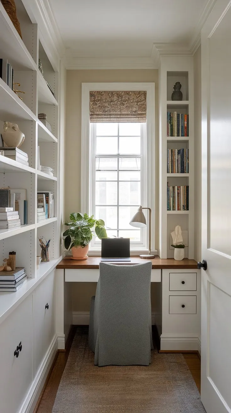This hallway office proves that even the smallest spaces can be transformed into a productive haven.  The built-in desk maximizes space, while the thoughtful home office design, incorporating a bookshelf and window, creates a surprisingly spacious feel. Perfect small office ideas for those seeking a dedicated workspace without sacrificing living space—a clever office layout for a shared office space or even an office and living room combo.