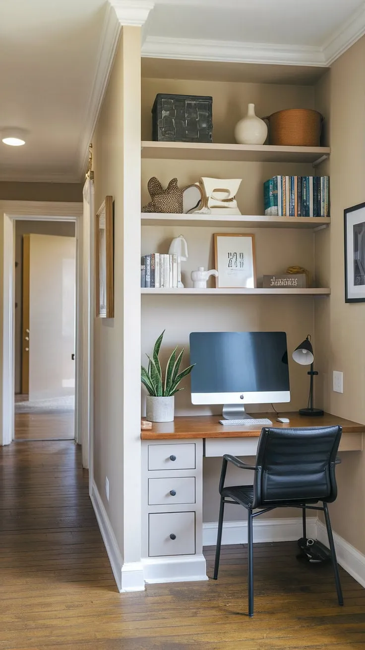 Transforming a hallway into a productive small home office? This built-in desk solution is the epitome of smart home office design.  Perfect for a shared office space, this office layout demonstrates how even limited square footage can accommodate a comfortable and functional workspace, offering inspiring small office ideas for an office and living room combo.