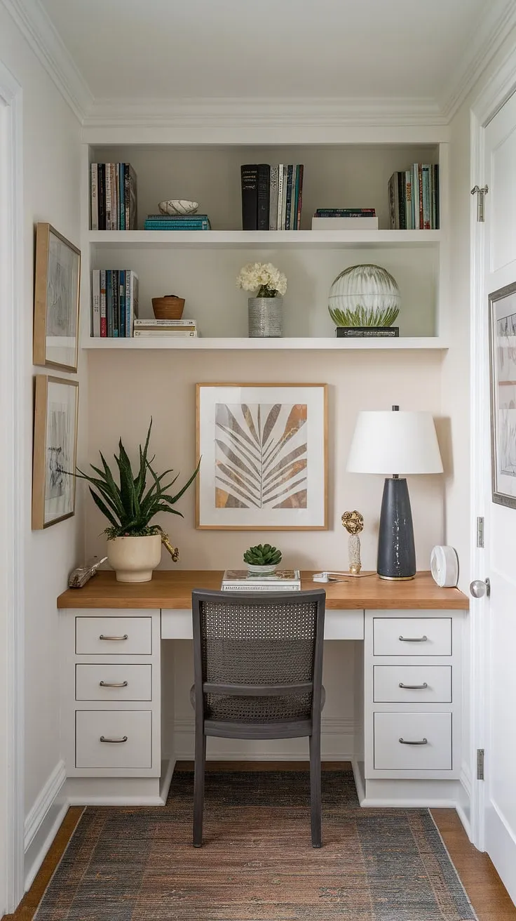 This home office craft room combo is my happy place!  The white desk provides the perfect workspace, while the craft room closet and sewing machine keep my creative supplies organized. This craft room design is the result of a successful One Room Challenge, a challenge week well spent creating my dream craft room and the ultimate craft space.