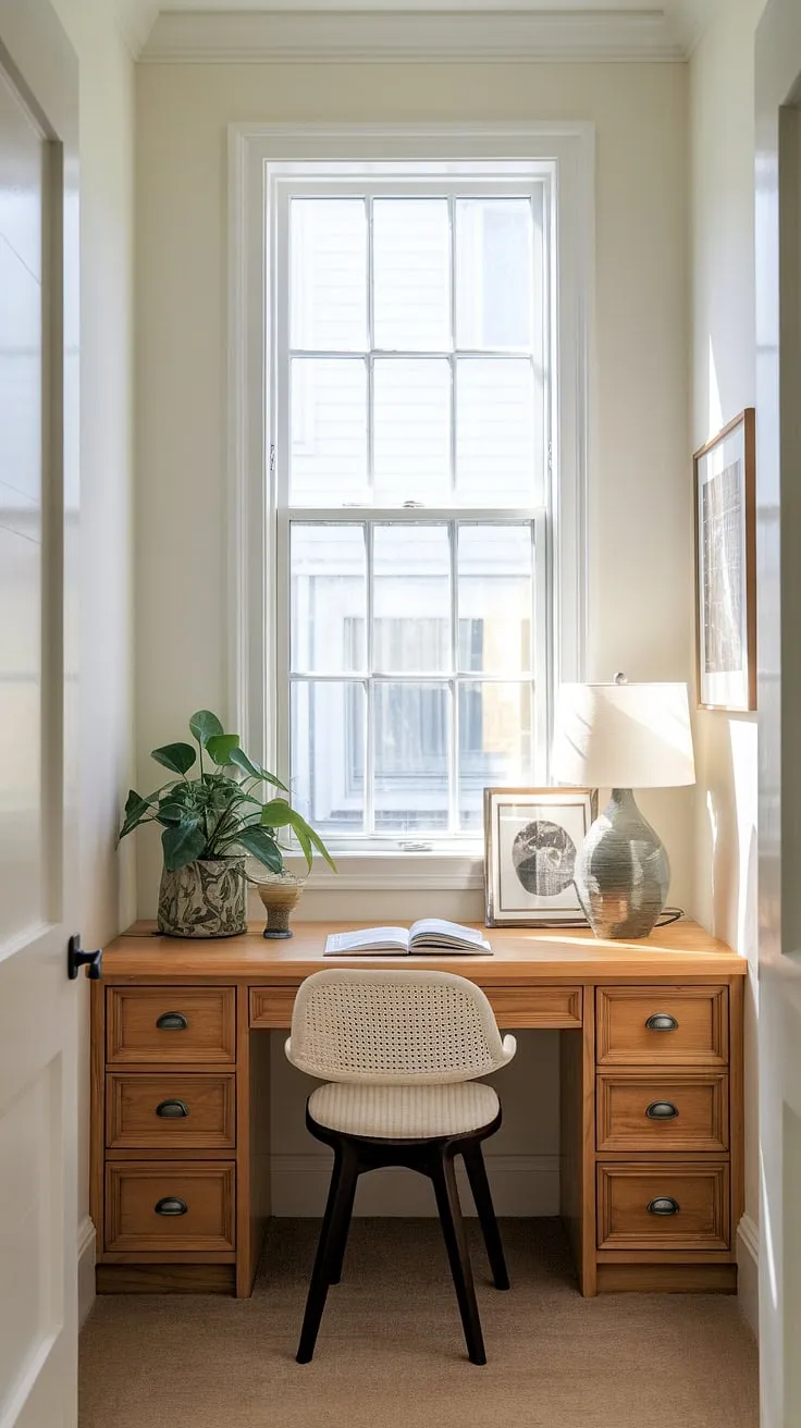 Sunlight streams into this cleverly designed hallway office, proving that even a small home office can be both functional and stylish. The built-in desk maximizes space, offering a perfect blend of home office design and small office ideas for an efficient office layout.  This shared office space, perhaps part of an office and living room combo, shows how a little creativity can transform a narrow hallway into a productive workspace.