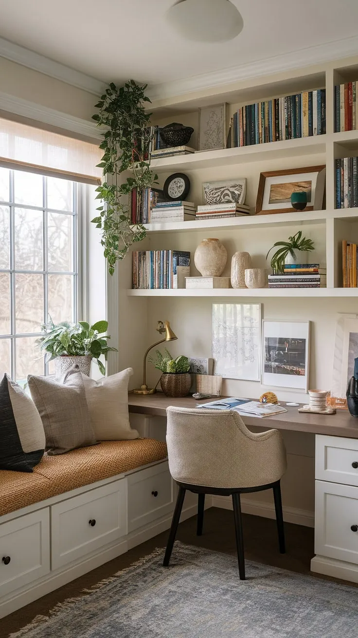 This office craft room combo is the result of a successful One Room Challenge, Challenge Week project!  I'm so happy with how this craft room design turned out – the white desk, craft room closet, and ample shelving make it the perfect craft space.  My dream craft room is now a reality, and the sewing room design element is the cherry on top.