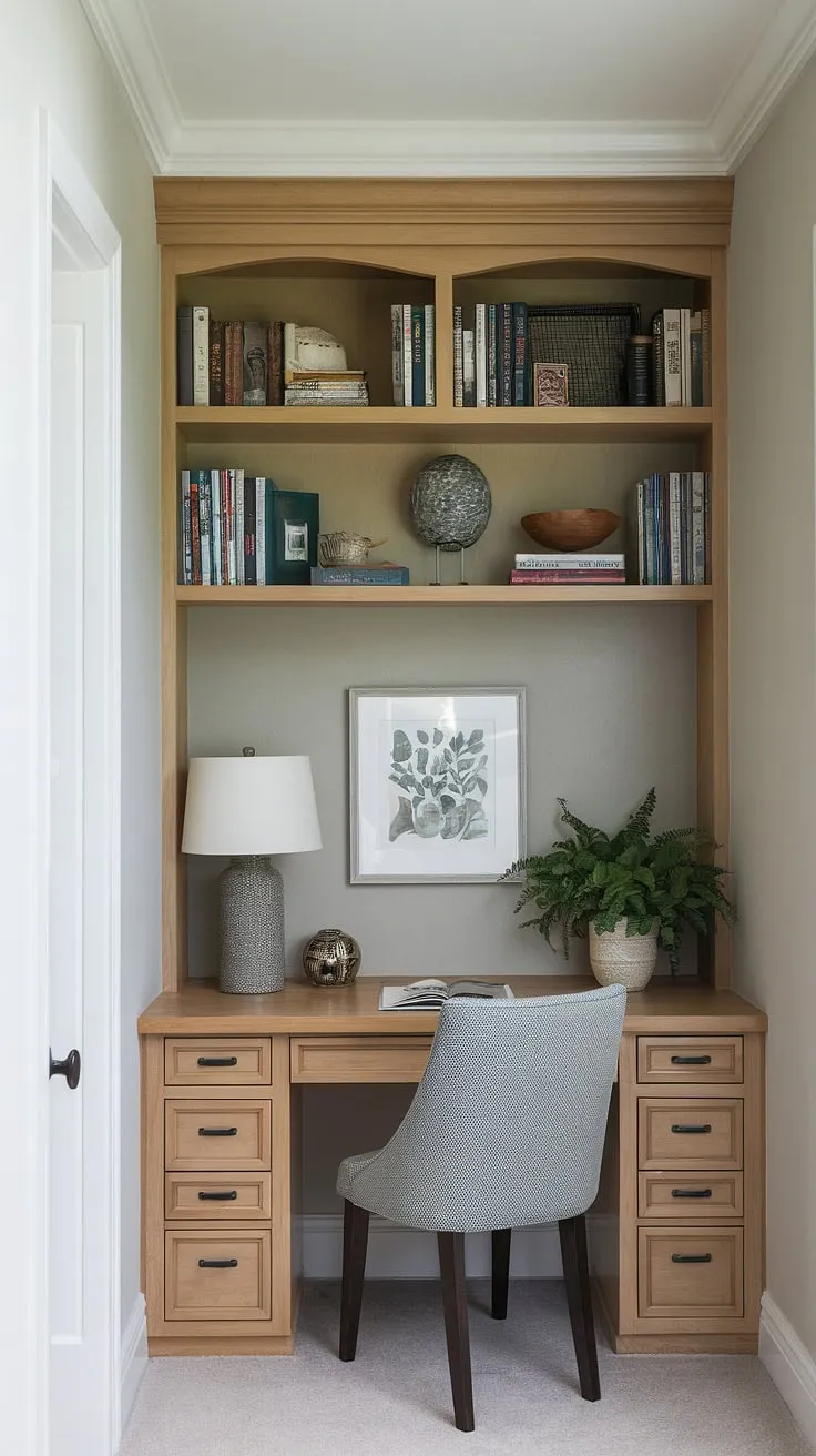 Maximize your space with this ingenious home office design.  A built-in desk cleverly utilizes the hallway, creating a small home office that's both functional and aesthetically pleasing. This small office idea is perfect for those needing a dedicated workspace, even in a shared office space or an office and living room combo. The thoughtful office layout ensures maximum efficiency in a minimal footprint.
