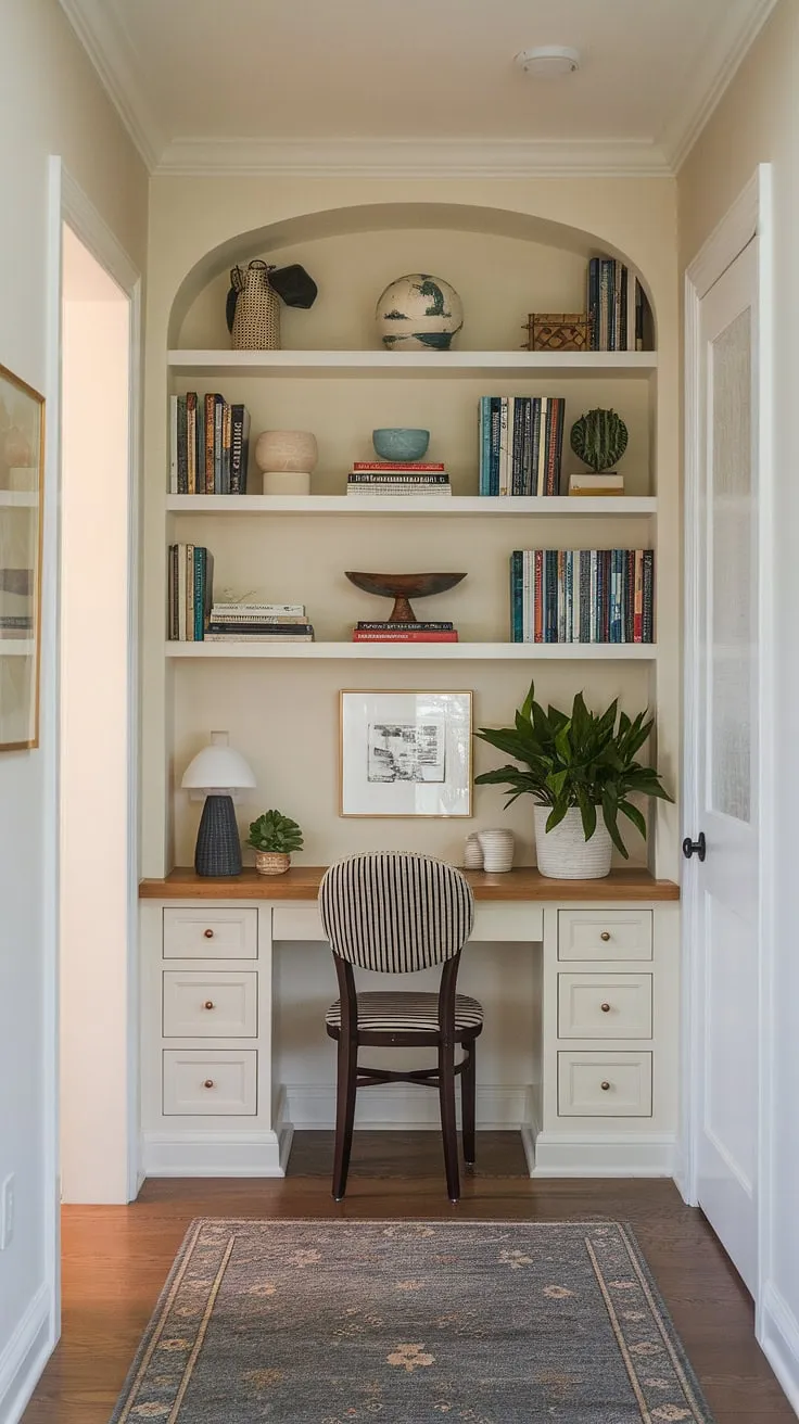 Maximize space and style in your small home with this clever hallway office design.  The built-in desk creates a dedicated workspace without sacrificing precious square footage, perfect for those seeking small office ideas or an office and living room combo solution. This efficient office layout proves that even a shared office space can be both functional and aesthetically pleasing.