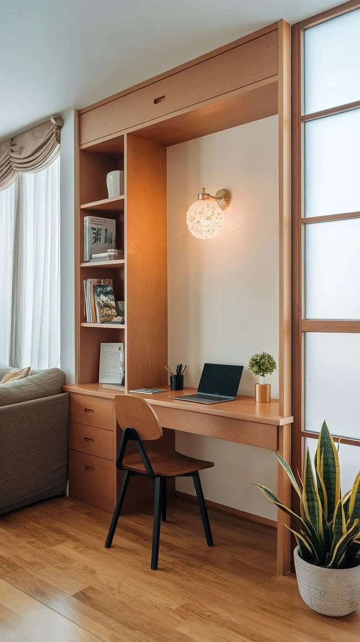 This hallway office, cleverly designed as a small home office, maximizes space with a built-in desk.  The office layout seamlessly blends the office and living room combo, offering a shared office space without sacrificing style.  Small office ideas like this prove that even a compact area can be a productive and aesthetically pleasing workspace.