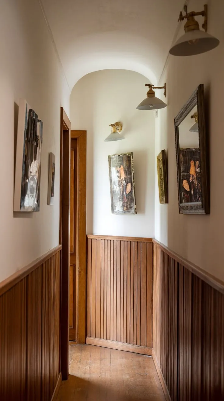 Soft lighting illuminates a narrow hallway, its white-walled wooden paneling and hardwood floor creating a warm, inviting passageway.