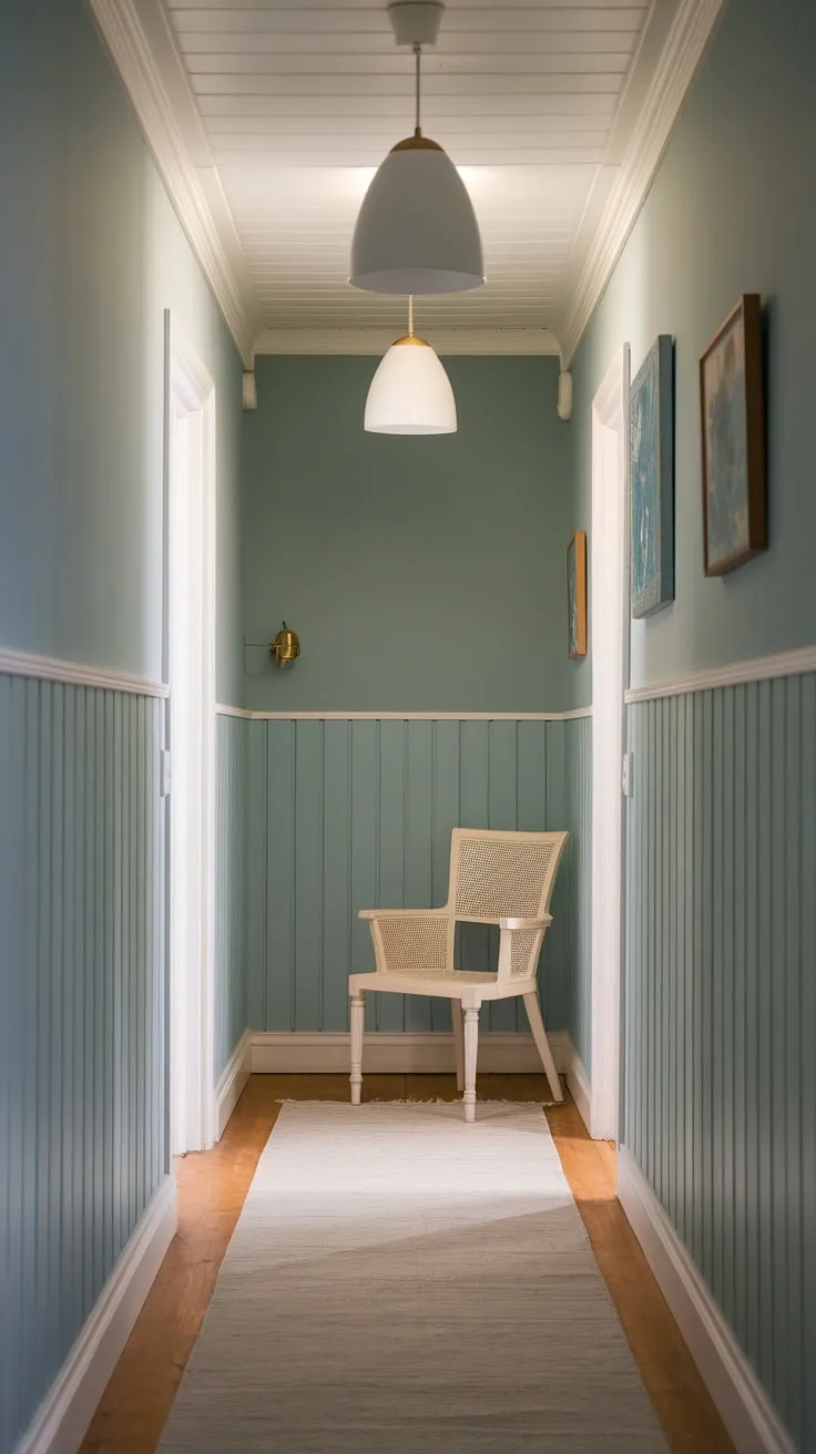 A narrow hallway transforms into a stylish haven with wood paneling, soft blue walls, and subtle modern accents